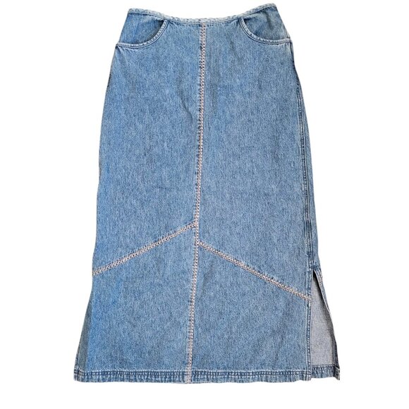 Y2K Womens Blue Jean Midi Skirt Denim Size 6 Thick Stitch Side Slit Boho Western - Picture 9 of 9